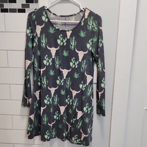 Long Sleeve Desert Cactus Print Swing Dress - Black/Green